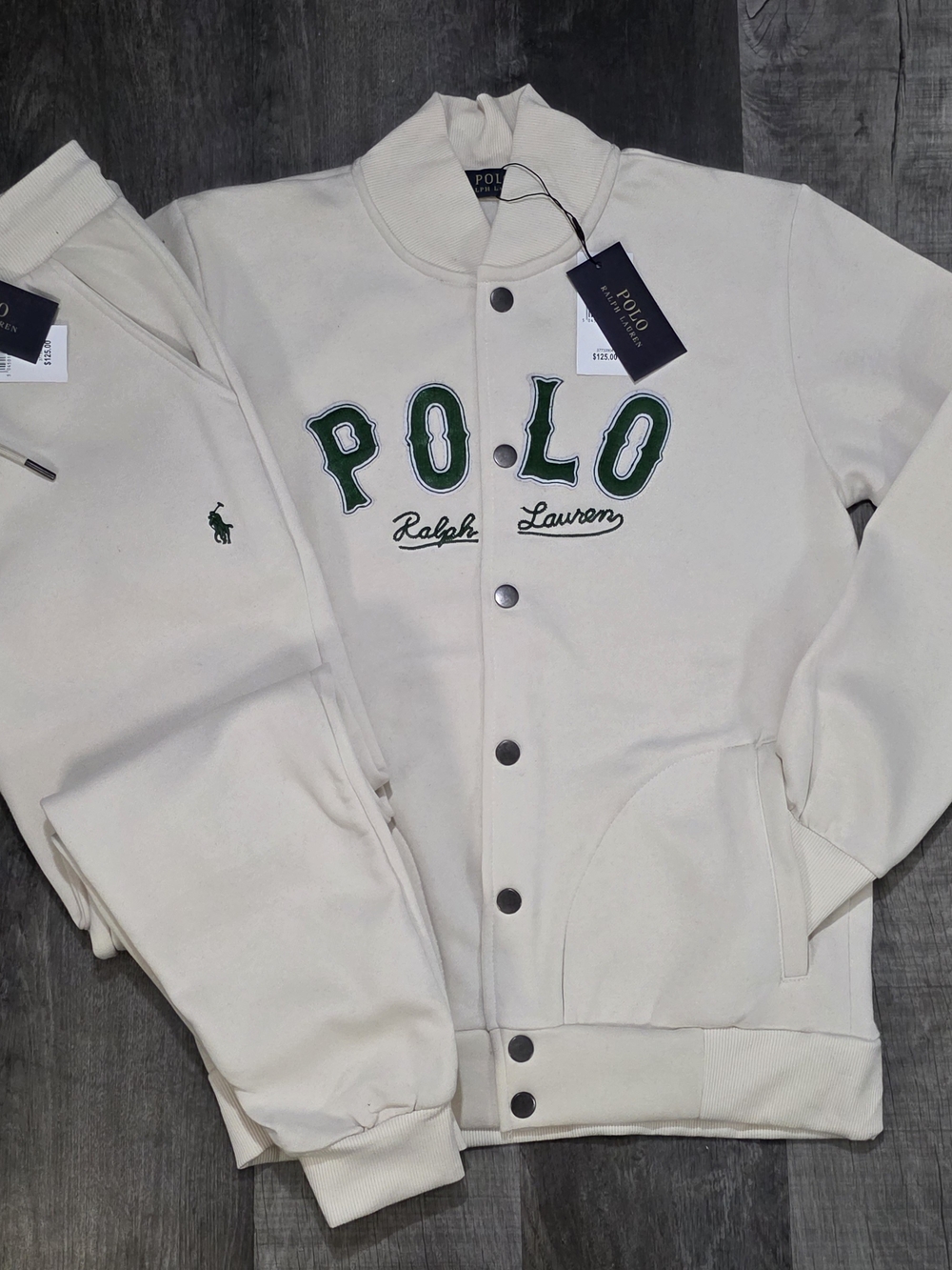 Polo by Ralph Lauren Cream Varsity Snap-Front Jacket with Green Logo